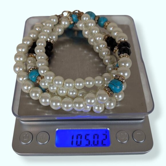 V. 2-Strand Faux Pearl & Turquoise Beaded Necklace - Picture 5 of 5